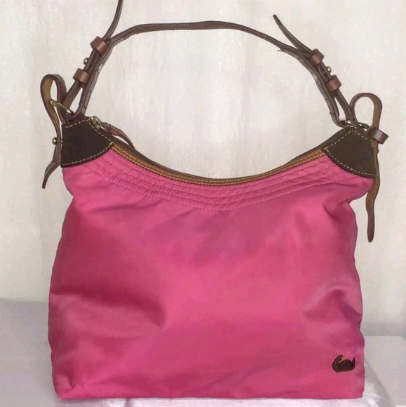 Vintage DOONEY & BOURKE Erica Shoulder Bag Salmon/Pink & Brown Leather Trim - Picture 2 of 11